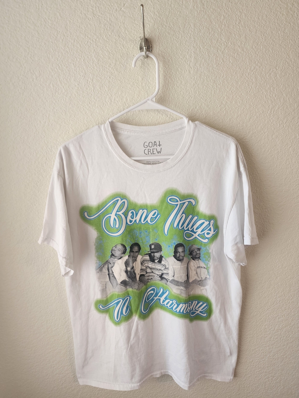 GOAT CREW Medium Cotton Tee - White with Black, Blue & Green Print